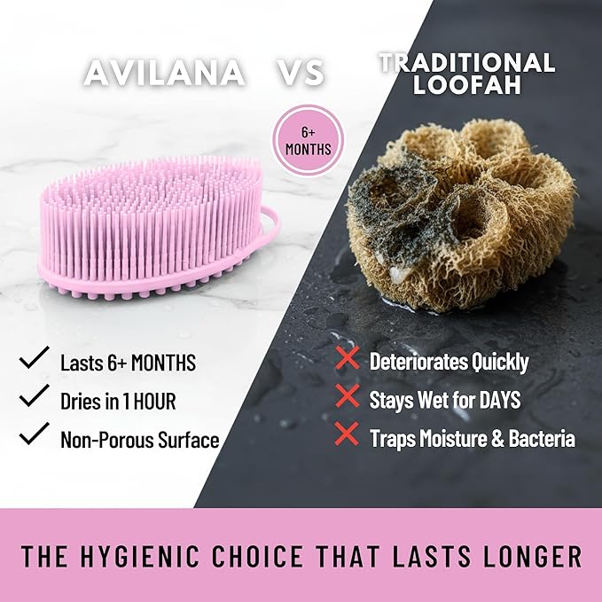 Silver Infused Silicone Body Scrubber Shower - Gentle Back Scrubber Soft Bristles - Avilana Premium Dual Sided Bath Brush Massage - Advanced Material Loofah Alternative - Gift Women Men