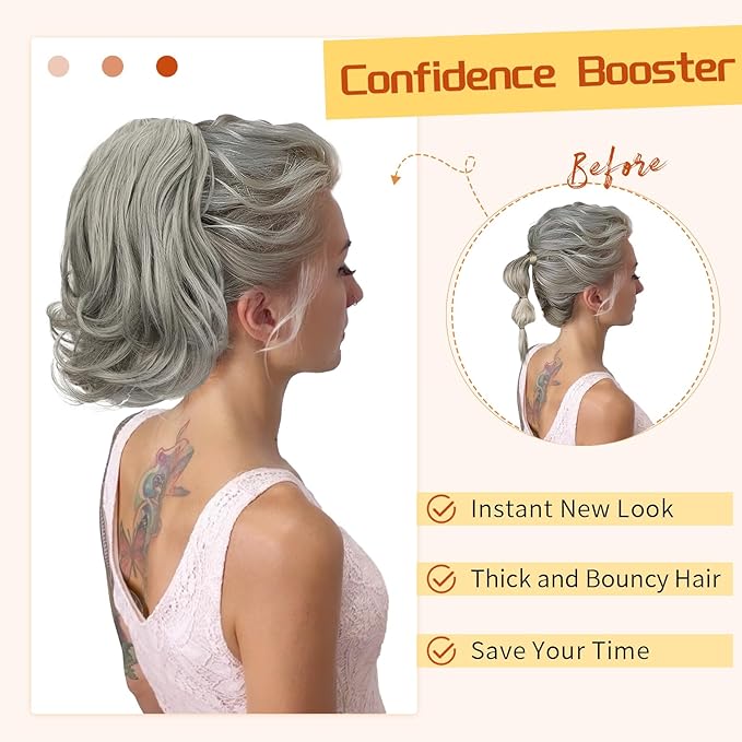 KooKaStyle Ponytail Extension, 10" Short Claw Clip in Pony Tails Hair Extensions Curly Wavy Synthetic Drawstring Hairpieces for Women(Smokey Silver)