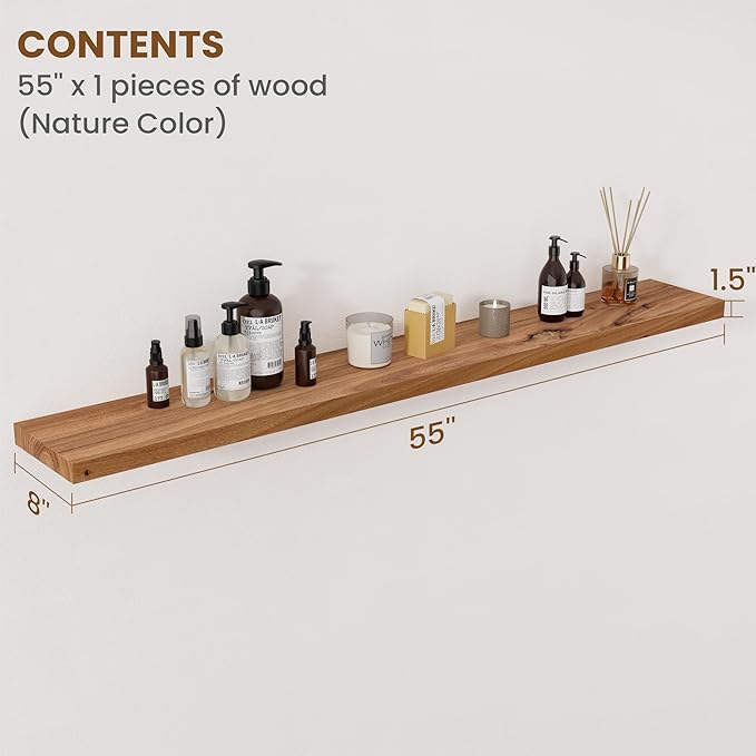 Floating Shelves for Wall Decor, 8" Deep Rustic Solid Elm Wood Floating Shelves Wall Mounted, Wall Shelves with Invisible Bracket for Living Room Bathroom Bedroom Kitchen, 55 Inch Set of 1, Natural
