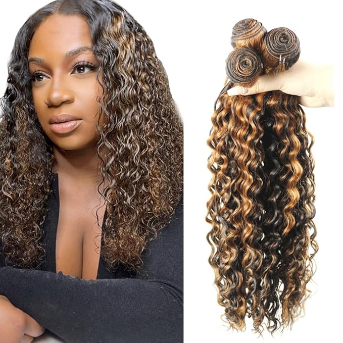 26 28 30 Inch P1B30 Bundles Human Hair Highlight Deep Wave Bundle Brazilian Virgin Remy Hair Extensions Niegmeag 2 Tone Black and Light Brown Deep Wave Bundle 300g