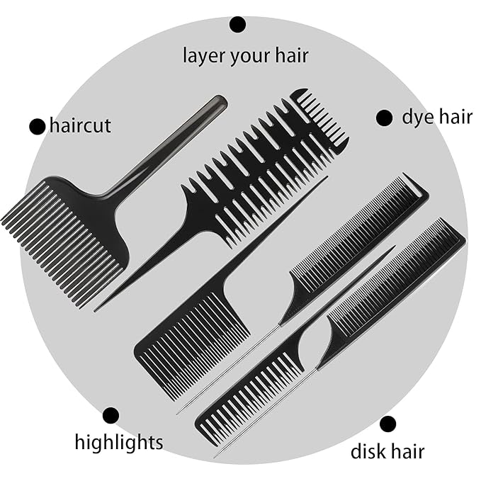 Patelai 6 Pcs Highlighting Hair Combs Set, 3-way Hair Sectioning, Dyeing, Rat Tail Lifting Comb for Weaving Foiling Sectioning Coloring, Black