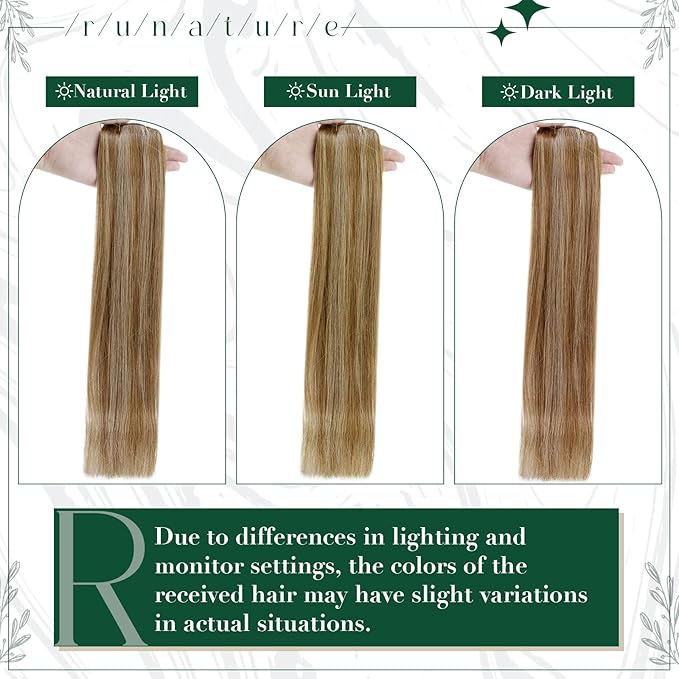 RUNATURE Blonde Clip in Hair Extensions, Real Human Hair Clip in Extensions, Remy Hair Extensions Clip Ins, Add Hair Volume, 14 Inch 50g 3pcs #10P16 Dark Blonde Highlight Caramel Blonde