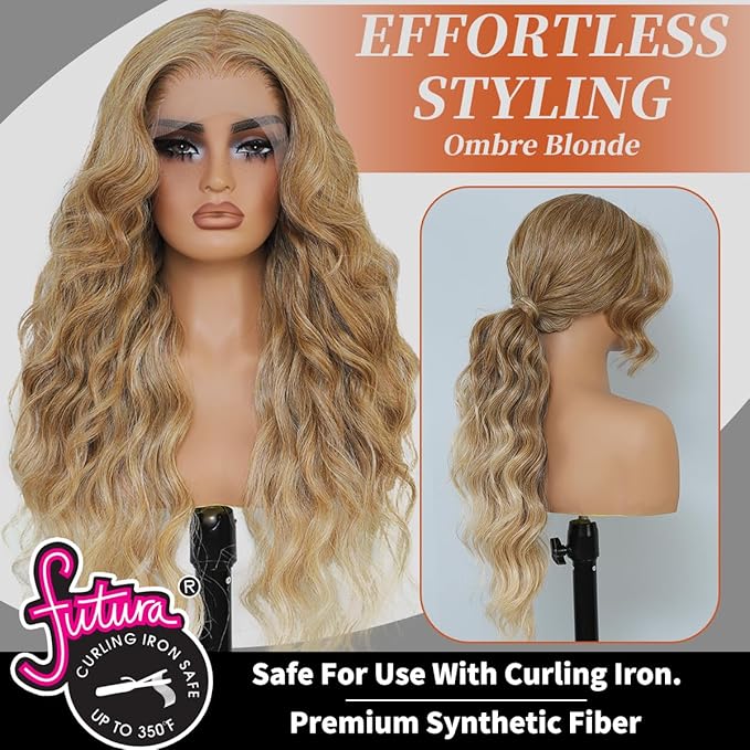 Ombre Blonde Synthetic Lace Front Wigs Pre Plucked 26 Inch Long Wavy 100% Futura Premium 13x4 HD Lace Wigs For Black Women Ready to Wear Beginner Friendly Daily Party Use