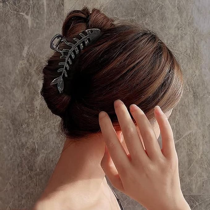 Black Metal Fishbone Hair Clip, 1Pcs - Big Fish Shaped Hair Claw Clips for Women and Girls, Secure Hair Styling and Accessories