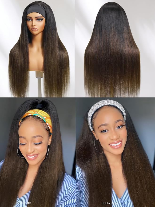 Julia Hair 12A Headband Wig Human Hair Yaki Straight Glueless None Lace Half Wig With Pre-attached Scarf Ombre Chestnut Brown Highlight With Dark Roots for Black Women Put on and Go 20 Inch