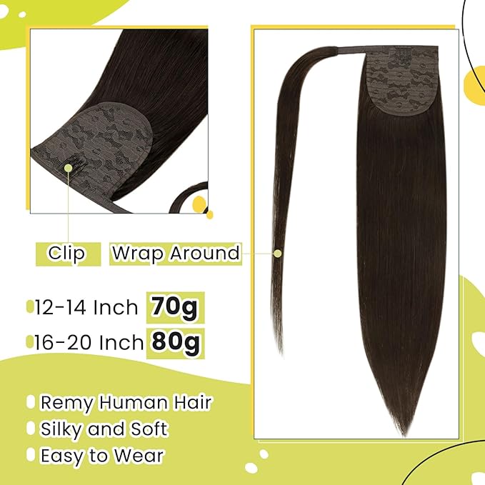 RUNATURE Brown Human Hair Ponytail Extension Straight Ponytail Hair Extensions Human Hair Dark Brown Ponytail Human Hair Extensions Short Wrap Around Ponytail Extension Remy Hair 14 Inch 70g