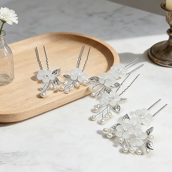 15Pcs Silver Pearl Hair Pins for Wedding Bridal White Flower Hair Pins Decorative, Silver Hairs Accessories Flower Pearl Hairs Clips Gifts for Women, Bridesmaid, Bridal, SilverB