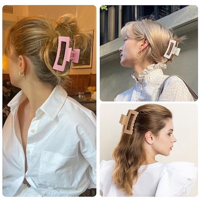 3.5 Inch Square Hair Clips for Women 6 Pack Hair Claw Clips Medium Claw Clips for Thick Thin Hair Rectangle Banana Jaw Hair Accessories for Women Girls -Basic