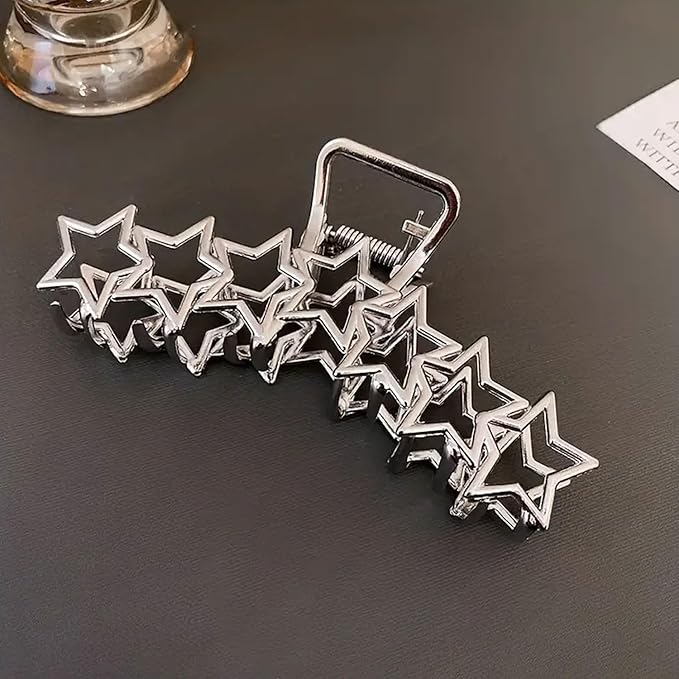 Metal Hair Claw Clips, 1Pcs Stylish Star Pattern Claw Clip for Thin & Thick Hair - Easy Back Styling Accessory (Silver Star)