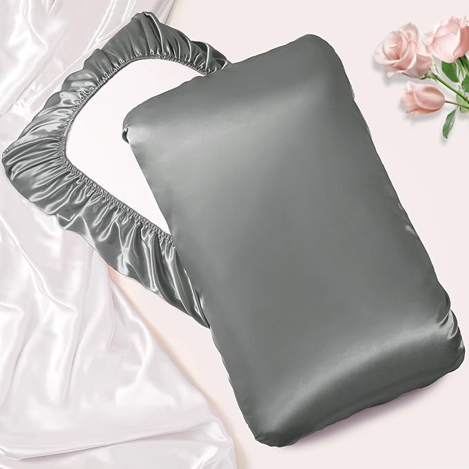 Manyshofu Satin Pillowcases for Hair Protection - 2Pcs Grey Pillow Cases, Elastic Band Standard & Queen Satin Pillowcases Luxury Silky Pillow Cases Travel Pillow Covers
