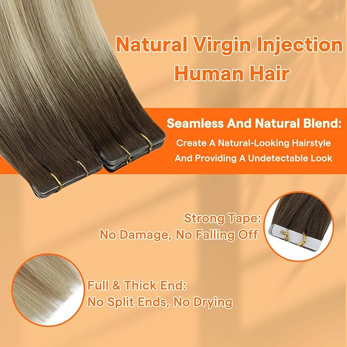 Full Shine Intact Virgin Tape in Hair Extensions Human Hair 22Inch Color 2 Brown Fading to 18 Ash Blonde and 22 Invisible Natural Tape in Extensions 25Gram Tape Ins Human Hair Extensions 10Pcs