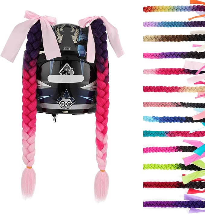 SEGO 1PCS/2PCS Helmet Pigtail Braids with Detachable Suction Cup Bowknot Ponytail Hair Many Colors (Helmet not Included)