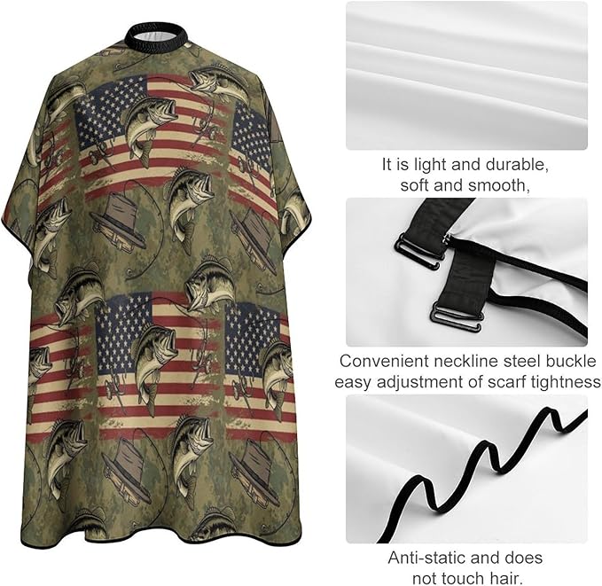 Extra Long Hair Styling Cape, Professional Hair Cutting Apron Hunting Camo Bass Fishing Camouflage American Flag Shampoo Cutting Household Capes Wrap for Hair Cutting Styling