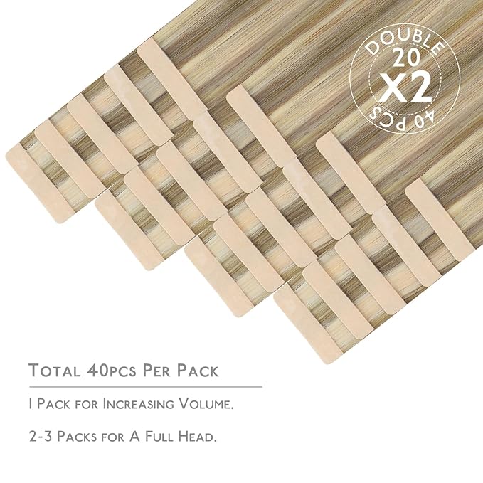 WENNALIFE Tape in Hair Extensions Human Hair, 40pcs 100g 16 inch Ash Brown with Platinum Blonde Highlights Hair Extensions Real Human Hair Straight Tape in Extensions Invisible Human Hair Extensions