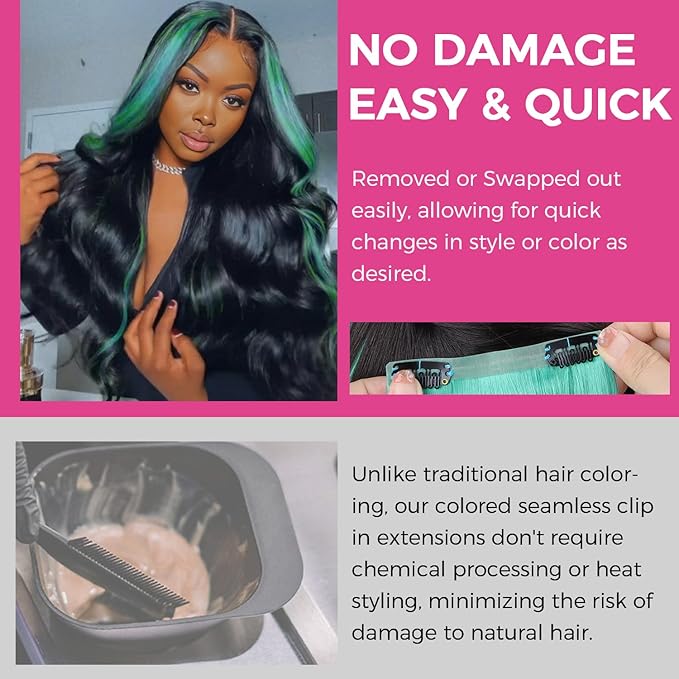Lashey Seamless Clip in Hair Extensions Human Hair 4pcs 37g Green 14 Inch Straight Hair Extensions Clip ins with PU Soft Invisi Edge