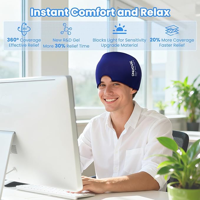 ONLYCARE Migraine Relief Cap, Upgraded Odorless Headache Relief Cap Mask Products, 360° Gel Surround Cooling Ice Pack Mask Head Wrap for Tension, Migraine, Sinus, Stress, Headaches, Hangover, Blue
