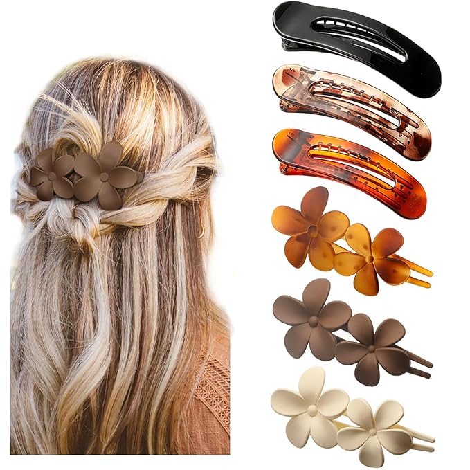 6 PCS Flat Hair Clips, Lay Flat Claw Clips for Women Girls, 2 Styles Non-slip Hair Claws for All Hair Types,Comfortable Flat Clips for Lying and Driving(Tortoise)