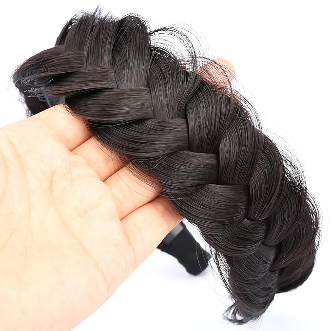 DIGUAN Wide Messy Braided Headband With Teeth Synthetic Hair Plaited Headband High Elasticity Braids Chunky Fishtail Braided Hair Band Hairpiece for Girls Women (Brunette Brown)