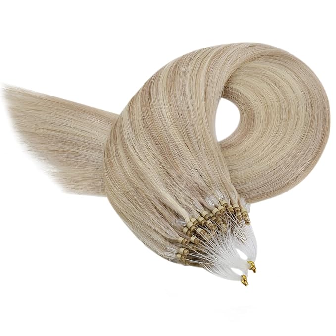 YoungSee Microlink Hair Extensions Human Hair Blonde Micro Beads Hair Extensions Ash Blonde Highlight Bead Hair Extension Real Human Hair 16 Inch Invisible Cold Fusion Hair Extension 50g 50s