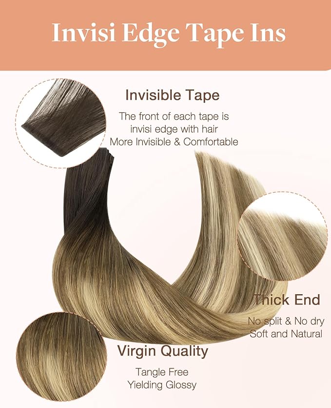 GOO GOO Invisi Edge Tape in Hair Extensions Human Hair, 2/6/18 Balayage Brown to Dirty Blonde 10pcs injected with 10pcs classical tape ins, 20inch 50g, Virgin Remy Hair, Natural Look