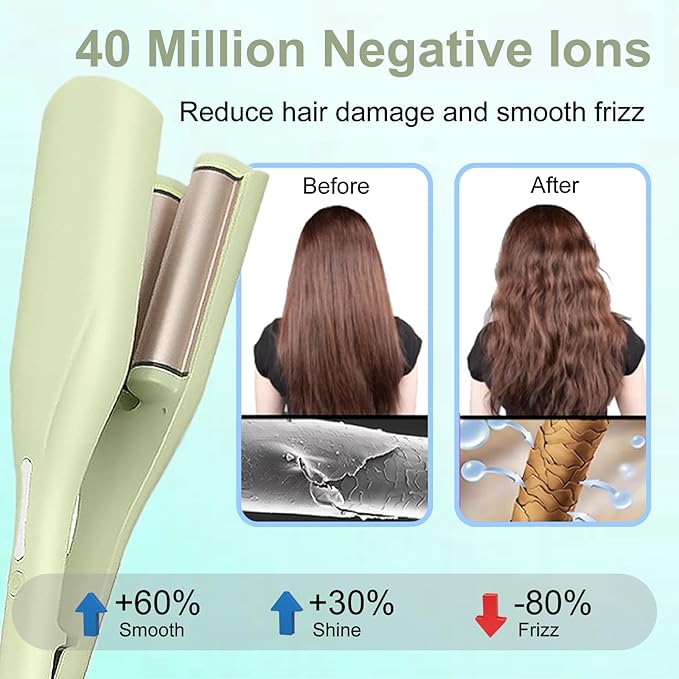 Crimper Hair Tool, Hair Crimper for Women, Beach Waves Curling Wand with Negative Ions, Adjustable Temp, Anti-Scald Design, Auto Shut-Off, Dual Voltage, 1.42 Inch (Green)