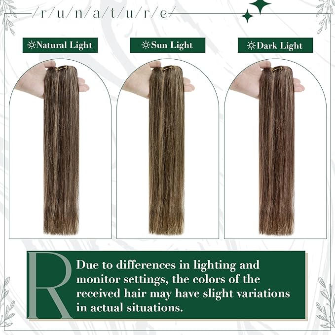 RUNATURE Clip in Hair Extensions Real Human Hair Dark Brown Highlight Soft Silky Human Hair Clip in Extensions 50g 3pcs 18 Inch #3P12 Brown Highlight Blonde
