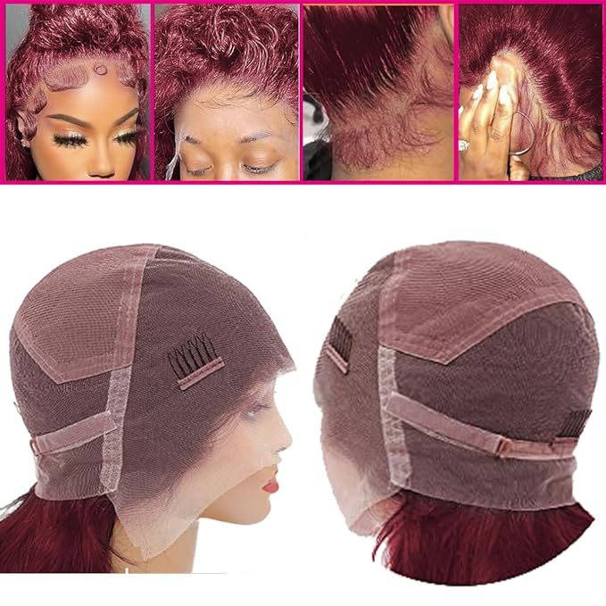 250 Density Hidden Strap Water Wave 360 99j Burgundy Glueless Wigs Human Hair Pre Plucked Pre Bleached Human Hair Wig With Drawstring Wet and Wavy HD Full Lace Front Wigs Human Hair 26 Inch