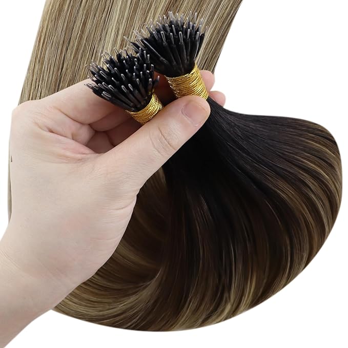 YoungSee Nano Hair Extensions Real Human Hair Balayage Darkest Brown with Blonde Invisible Nano Beads Hair Extensions for Women Nano Extension Remy Hair Ombre Cold Fusion 16inch 50g/50s