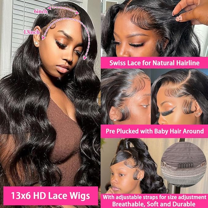 30 Inch Body Wave Lace Front Wigs Human Hair 13X6 HD Lace Frontal Wigs Human Hair 180% Density Glueless Wigs Human Hair Pre Plucked for Women Brazilian Virgin Body Wave Wig Natural Color
