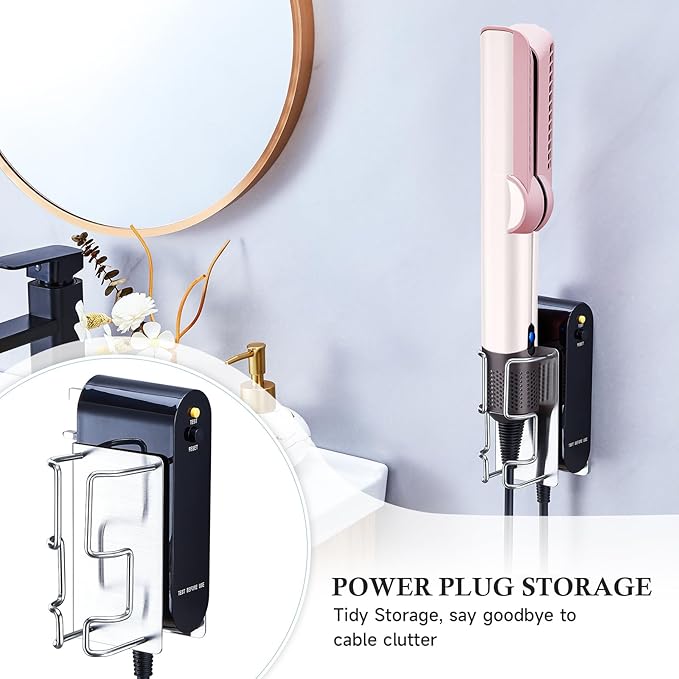 Curling Iron Holder Wall Mount, Hair Straightener Holder with Power Plug Stand, Stainless Steel Hair Tool Organizer for Flat Iron and Hot Tools, Silver
