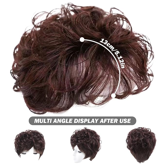 5.1'' Dark Brown Hair Toppers for Women, Curly Synthetic Topper with Bangs, Breathable Fluffy Clip-in Natural Wig Toppers, Thinning Hair/Loss, For Thin