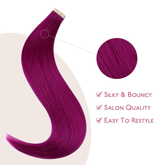 WENNALIFE Tape in Hair Extensions Human Hair Violet Tape in Extensions, 10pcs 30g 20 inch Remy Invisible Tape Ins Straight Colored Soft Real Human Hair Tape in Extensions Refill Set Extensions