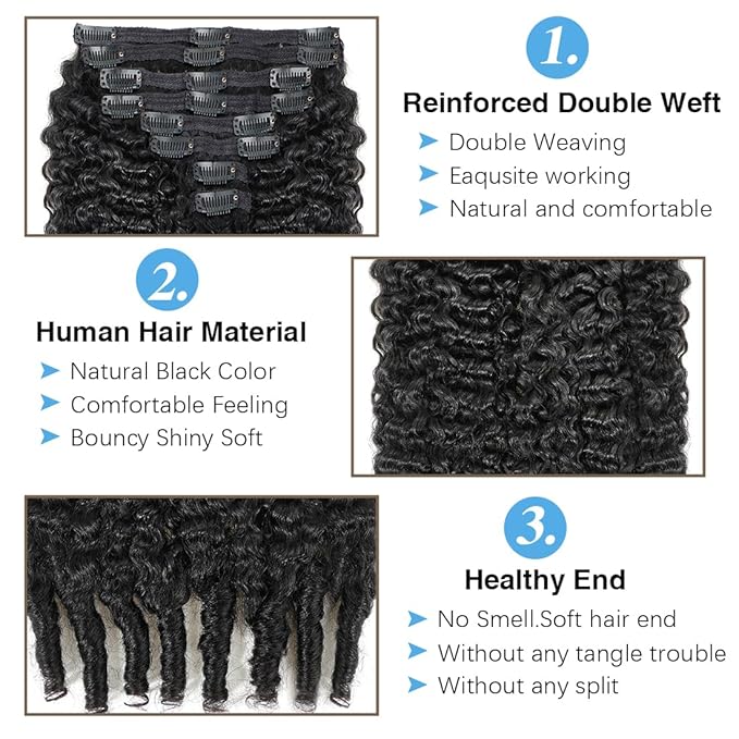 Burmese Curly Clip in Hair Extensions Real Human Hair, 8Pcs Remy Human Hair Clip in Extensions for Women, 100% Natural Soft Human Hair, 120g 12inch #1B Natural Black