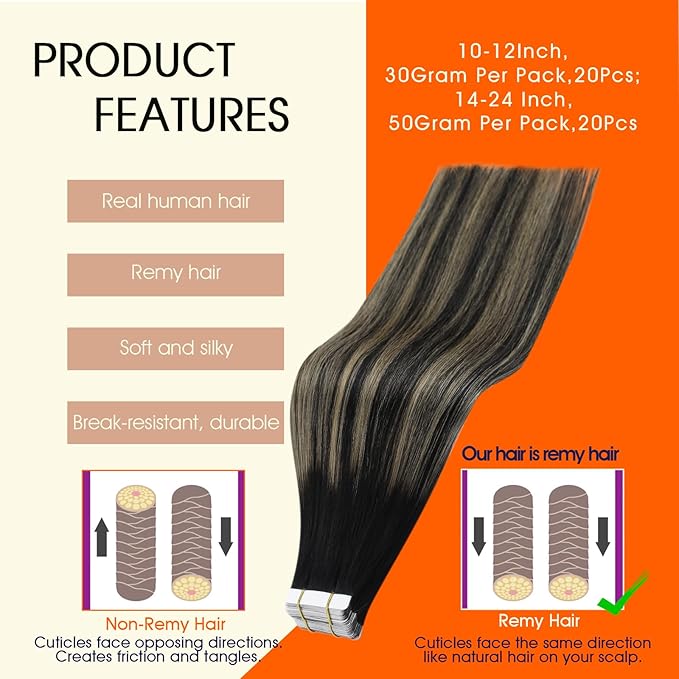 Full Shine Tape in Extensions 22Inch Tape in Hair Extensions Human Hair Color 1B/27/1B Off Black Ombre Honey Blonde Extension Invisible Remy Skin Weft 50G 20Pcs for Women Silky Straight