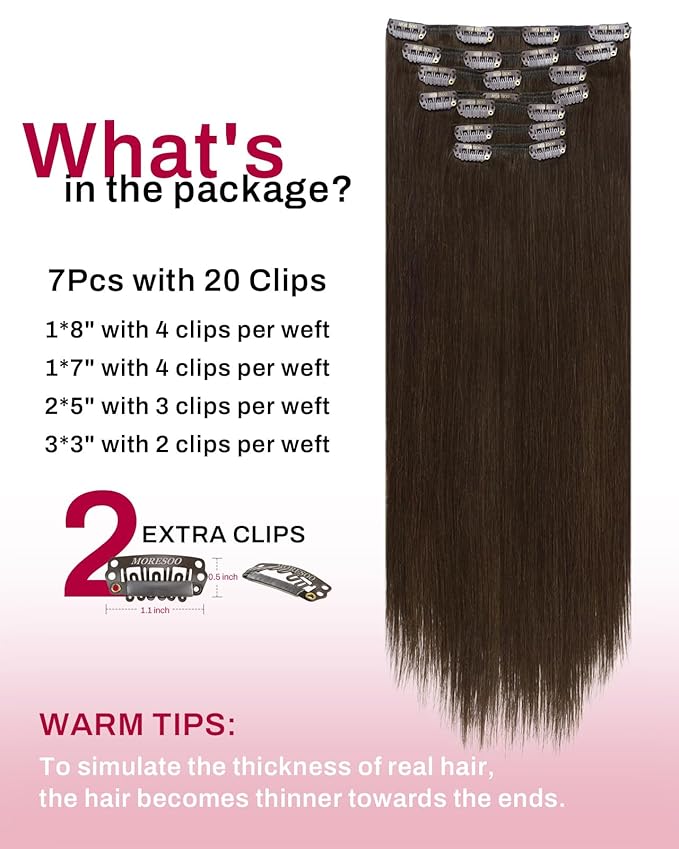 Moresoo Clip in Hair Extensions Remy Double Weft Human Hair Clip in Extensions Straight Hair Extensions for Women Medium Brown #4 7pcs 135g 16inch