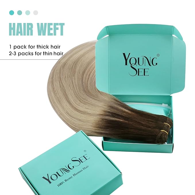 YoungSee 24Inch Weft Hair Extensions Human Hair Brown Roots to Gold Blonde Mix Platinum Blonde Sew in Hair Extensions Ombre Blonde Long Straight Hair Weft Extensions 100G