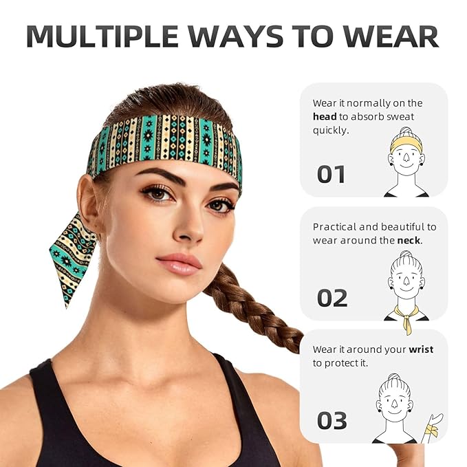 Men Women Cool Sports Sweatband Head Accessories for Yoga Fitness Spa, Elastic Multifunction Tribal Navajo Aztec Geometric Ethnic Pattern Hair Band Headdress
