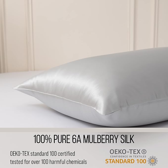 Bella Coterie Luxury Silk Pillowcase for Hair and Skin | 30 Momme | 100% Pure 6A Mulberry Silk | Super Soft | Perfectly Plush [Standard, Silver]
