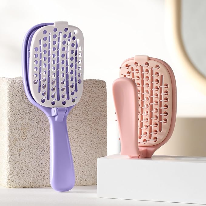Travel Foldable Hair Brush,Self-cleaning Portable Pocket Hair Brush for Thin Thick Hair, Vented Speed Dry HairBrush for Men Women Kids Thick Thin Curly Straight Wet Dry Hair(Purple)