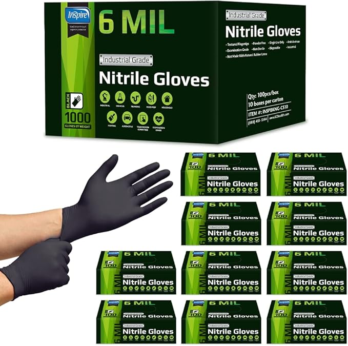 Inspire HEAVY DUTY ORIGINAL Stretch Nitrile Black Gloves Disposable Latex Free | Food, Mechanic, 6mil Black or 8 Mil Orange