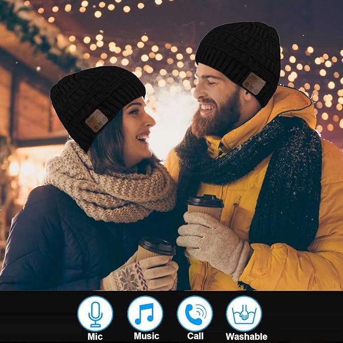 Wireless Beanie Hat for Men Women Wireless Music hat with Headphones Headset Speaker Mic Music Beanie Hat Unisex Knit Outdoor Sports Running Cap with Microphone Teens Tech Gifts