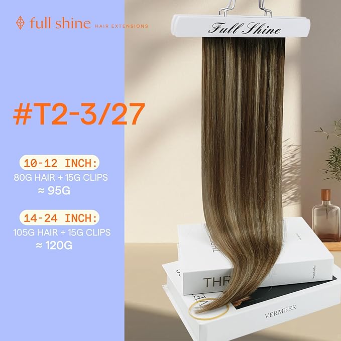 Full Shine Invisible Clip in Hair Extensions Human Hair Dark Brown Ombre Caramel Blonde Clip in Extensions Real Human Hair Extensions for Wedding 22 Inch 7 Pcs 120 G