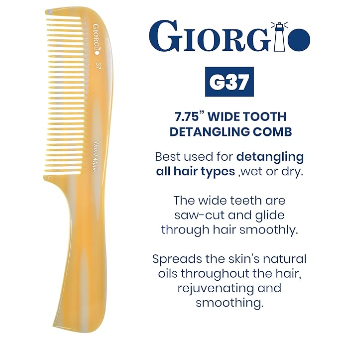 Giorgio G37 Large Coarse Detangling Comb, Wide Teeth for Long Thick Curly Wavy Hair. For Wet and Dry Hair Handmade Rake Comb Saw-Cut and Hand Polished Imitation Horn