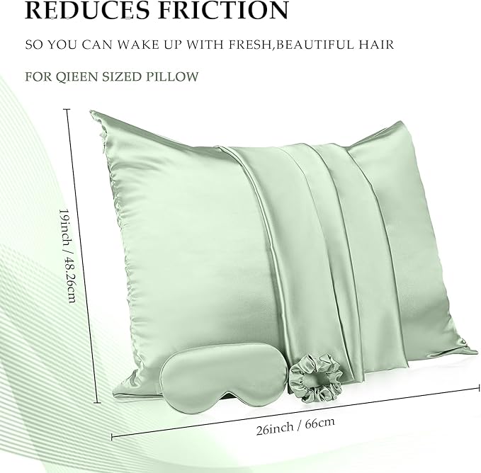 2 Pack Satin Pillowcase with Hidden Zipper, Adjustable Satin Eye Mask for Sleeping and Satin Volume Scrunchie for Hair and Skin, Standard Size (Green,Vintage Style)