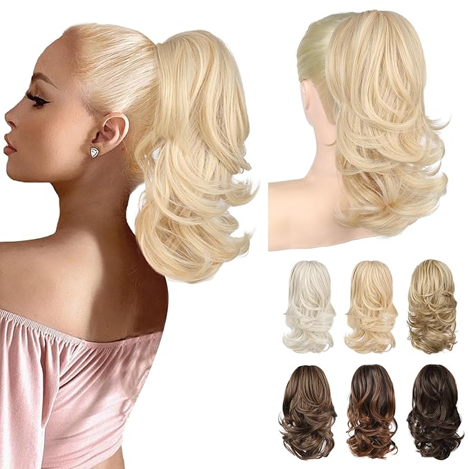 Ponytail Extension - 14" Claw Clip in Ponytail Hair Extensions Natural Soft Synthetic Layered Wavy Pony Tail Hair Pieces for Women - Light Blonde