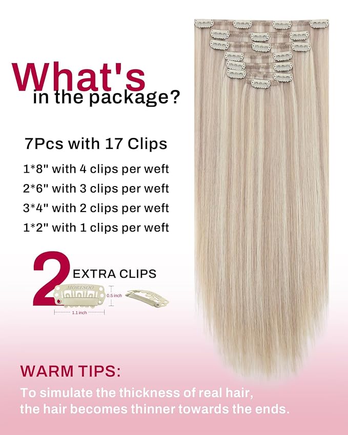 Moresoo Clip in Hair Extensions Remy Double Weft Human Hair Clip in Extensions Straight Hair Extensions for Women Ash Blonde Highlight with Blonde 7pcs 120g 24inch