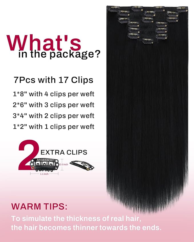 Moresoo Black Hair Extensions Clip in Human Hair Remy Straight Double Weft Clip in Hair Extensions for Women Jet Black #1 Full Head 7Pieces 120G 18inch