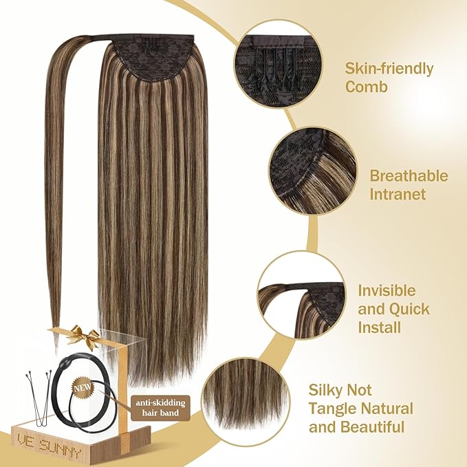Ve Sunny Hair Extensions Ponytail Real Human Hair 80G Wrap Around Clip in Ponytail Hair Extensions Straight Extensions Human Hair for Women Medium Brown Highlighted Caramel Blonde 14inch