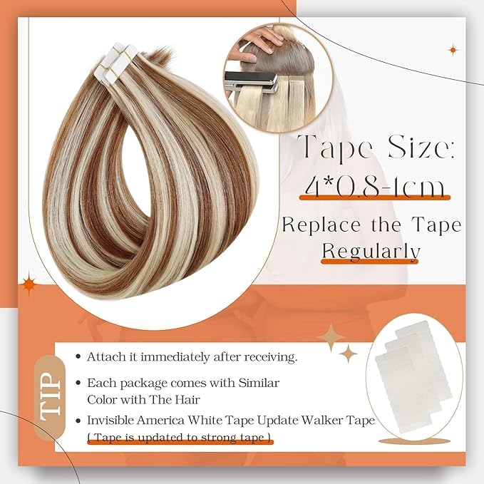 Full Shine Tape in Extensions Color 330 Copper Brown Highlighted 800 Blonde 12Inch Short Double Sided Tape in Hair Extensions Human Hair 30Gram Remy Straight Skin Weft 20Pcs for Women