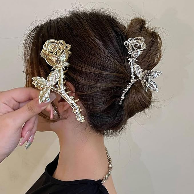 Rose Metal Flower Hair Clips, 1Pcs 4.52Inch Elegant Non-Slip Hair Accessory for Thin Thick Hair for Women & Girls (Gold Rose)